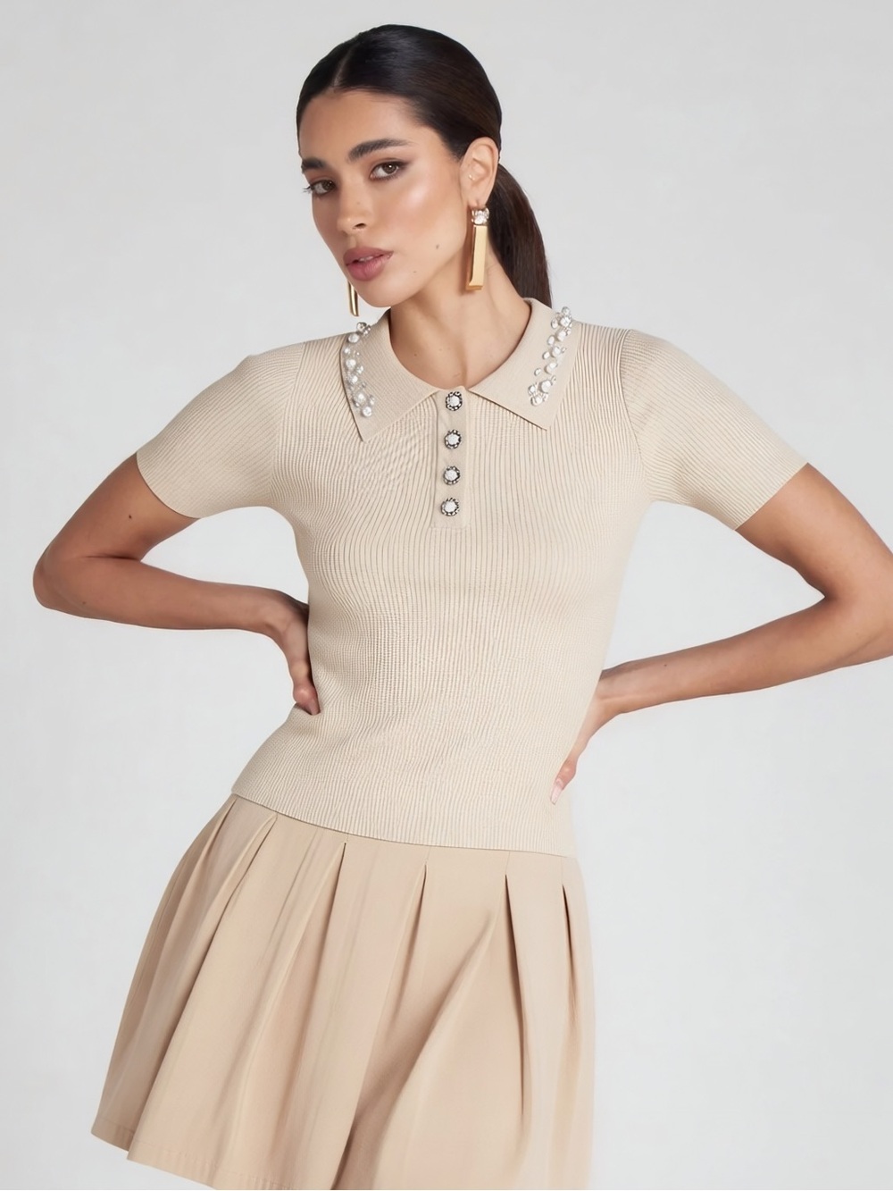 LIZETTE COLLECTION Jewel Embellished Collar Knit Beige Polo Top S/M